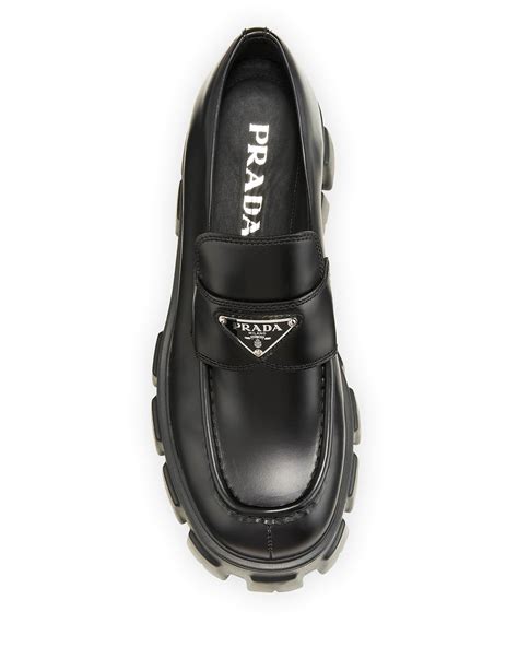 prada monolith leather logo platform loafers|prada monolith loafers outfit.